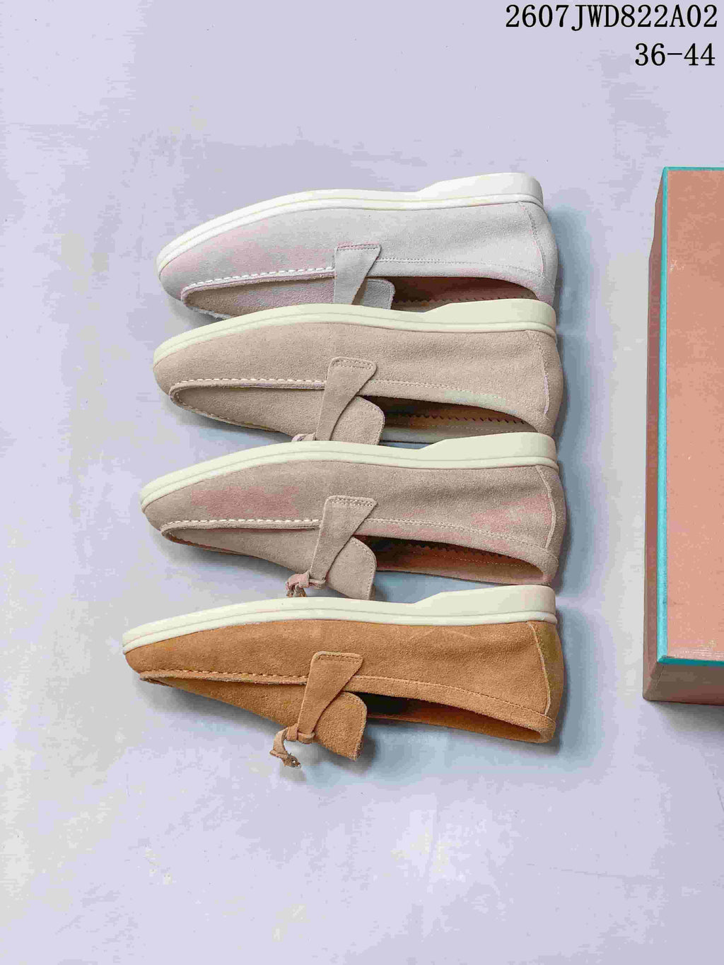 Side profiles of loafers shown in several pale neutral and tan colors