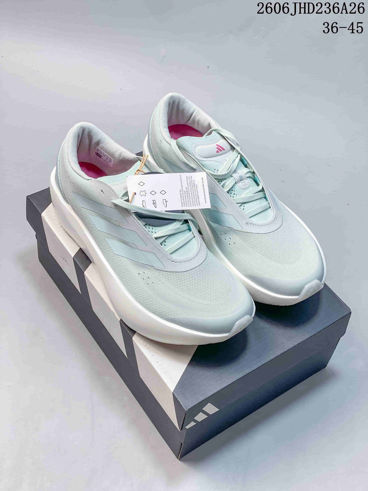 Pair of pale blue adidas ZenBoost low-top running shoes shown from above.