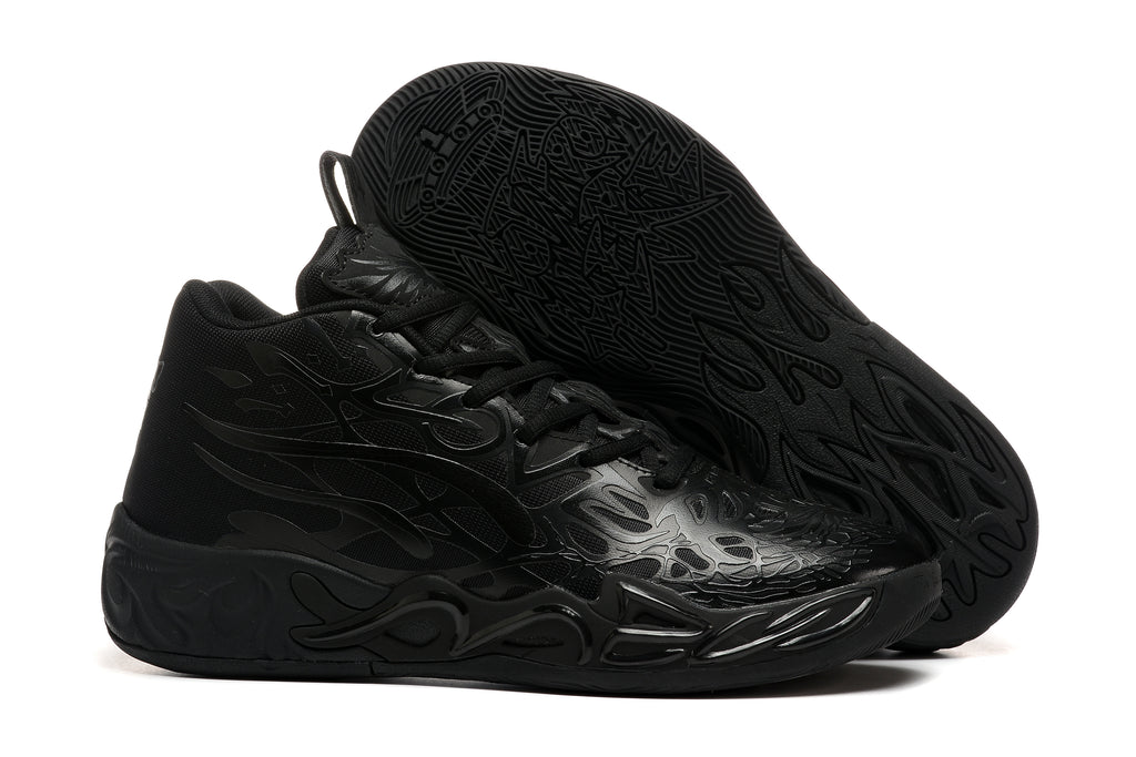 All-black high-top basketball shoes with graphic side detailing and sculpted soles.