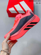 Side profile of a pink and dark adidas Hyperboost Edge running shoe