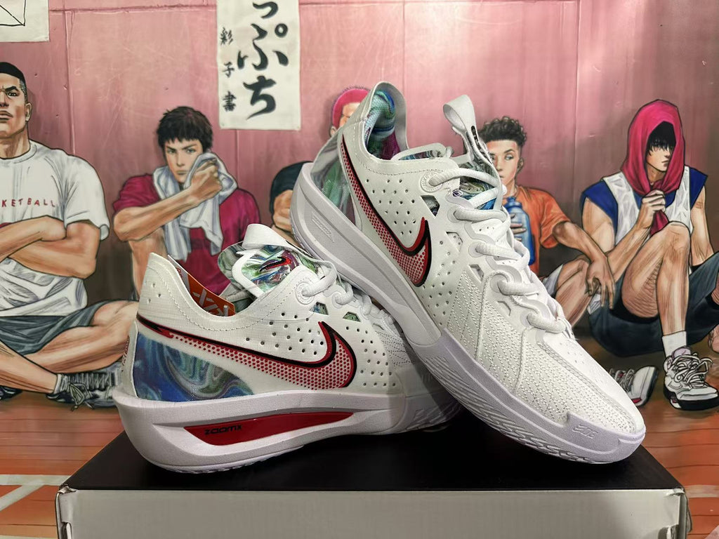 Angled view of a pair of white Nike basketball sneakers displaying the side Swoosh, textured outsole and multicolor camouflage-style detailing.