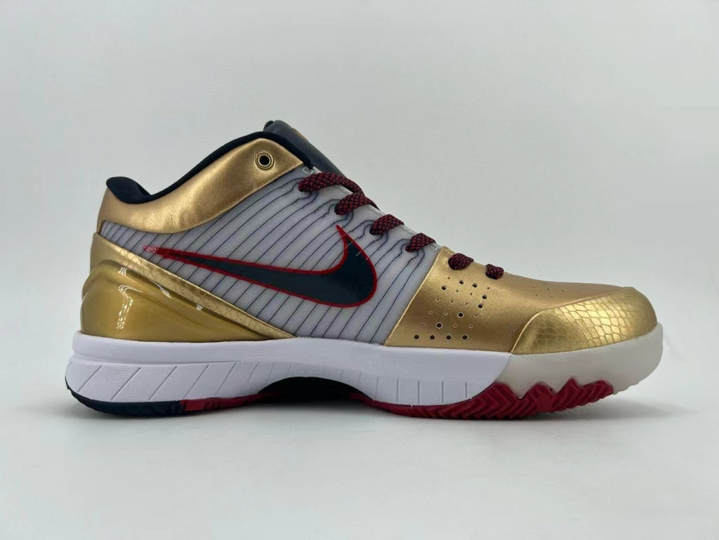 Side view of the sneaker showing its striped panel, gold overlays, and patterned outsole.