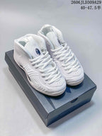 Pair of white high-top sneakers with sculpted ripple-patterned sides, displayed on a shoe box.