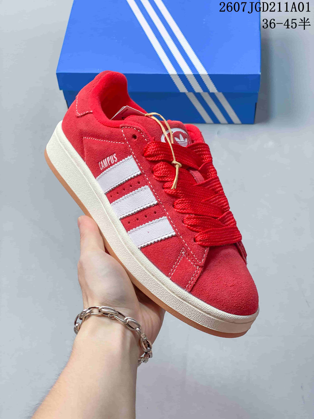 Angled view of the red Campus sneaker with white stripes
