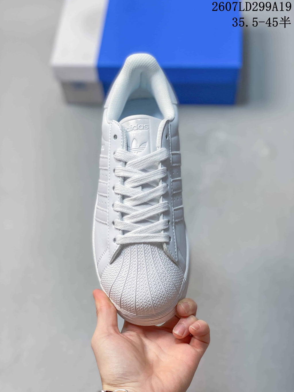 Top view of a white lace-up sneaker showing the padded collar, tongue branding and textured shell toe.