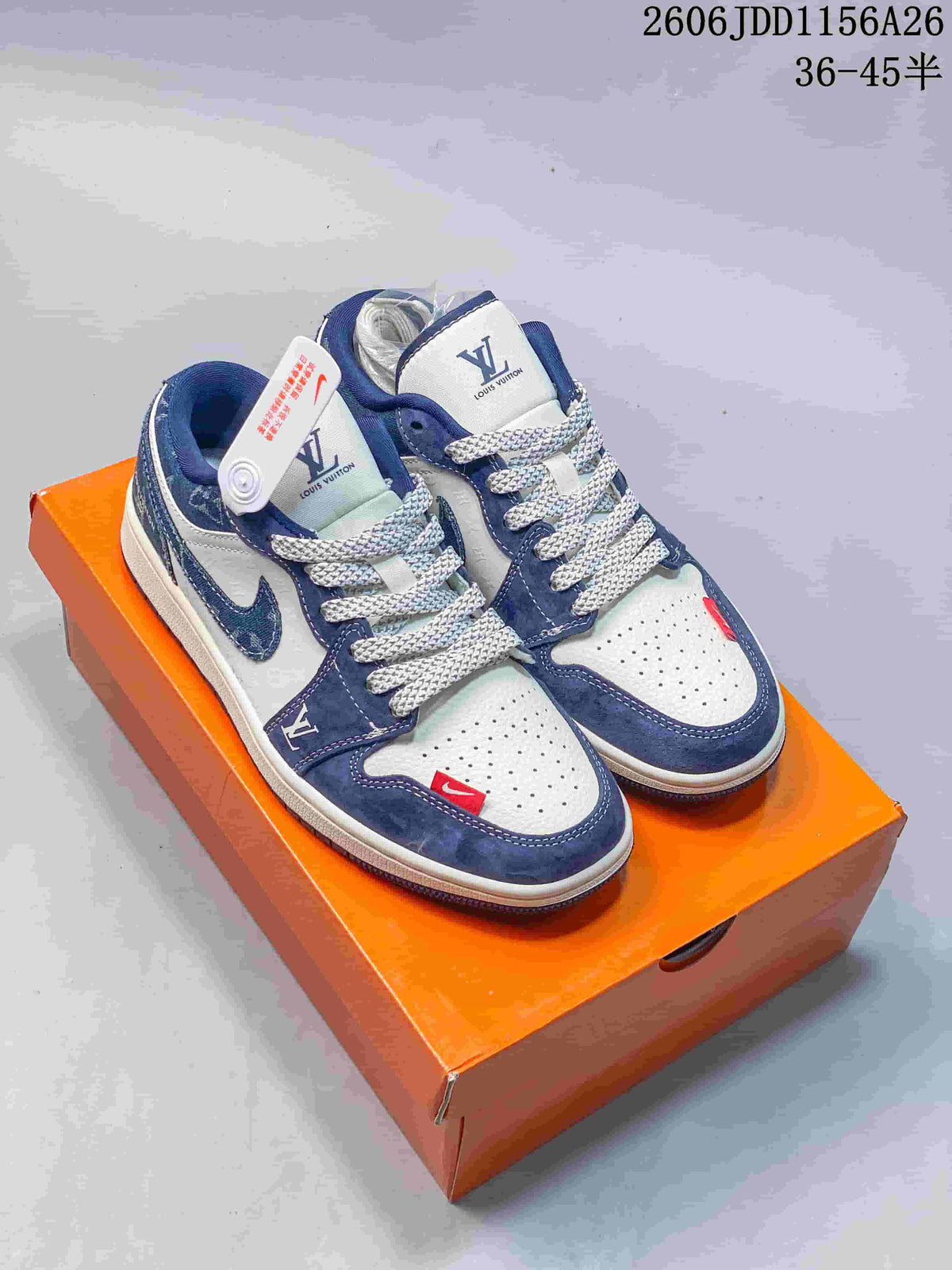 Pair of low-top sneakers with blue panels, white perforated toe boxes and patterned detailing.