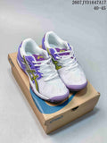Pair of white, purple and yellow ASICS GEL-RESOLUTION 5 tennis shoes shown on an ASICS shoe box; image text shows style code 2607JYD1647A17 and size range 40–45.