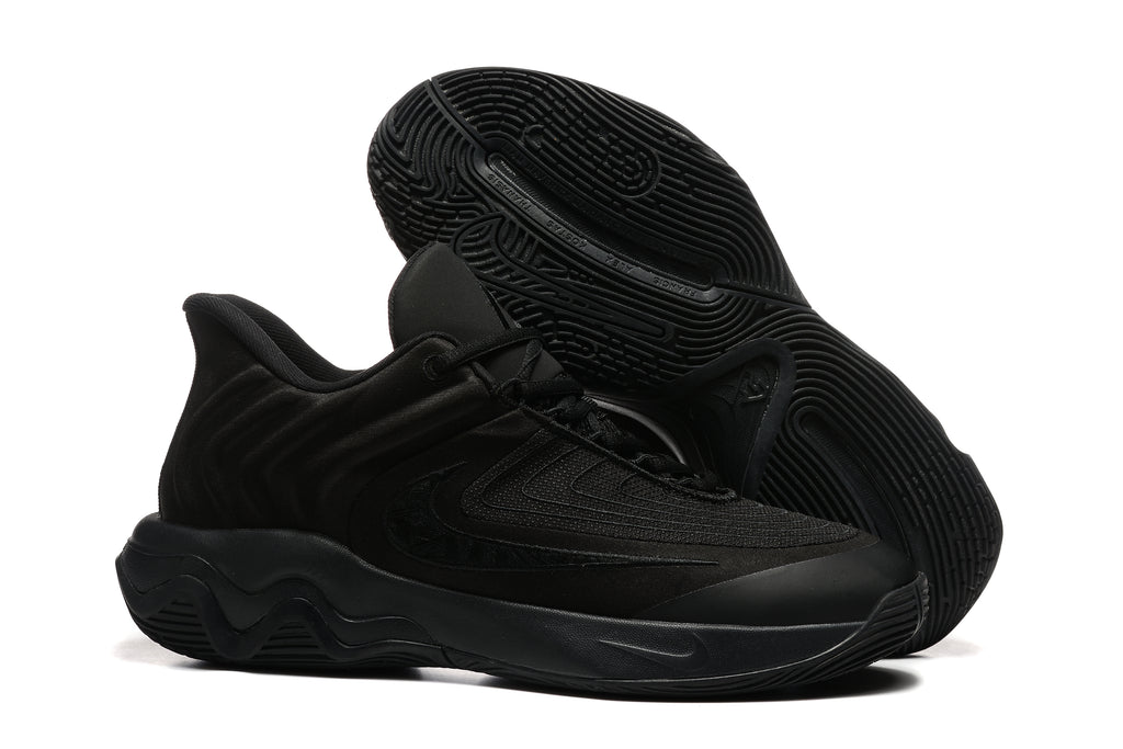All-black basketball shoe shown with patterned outsole.
