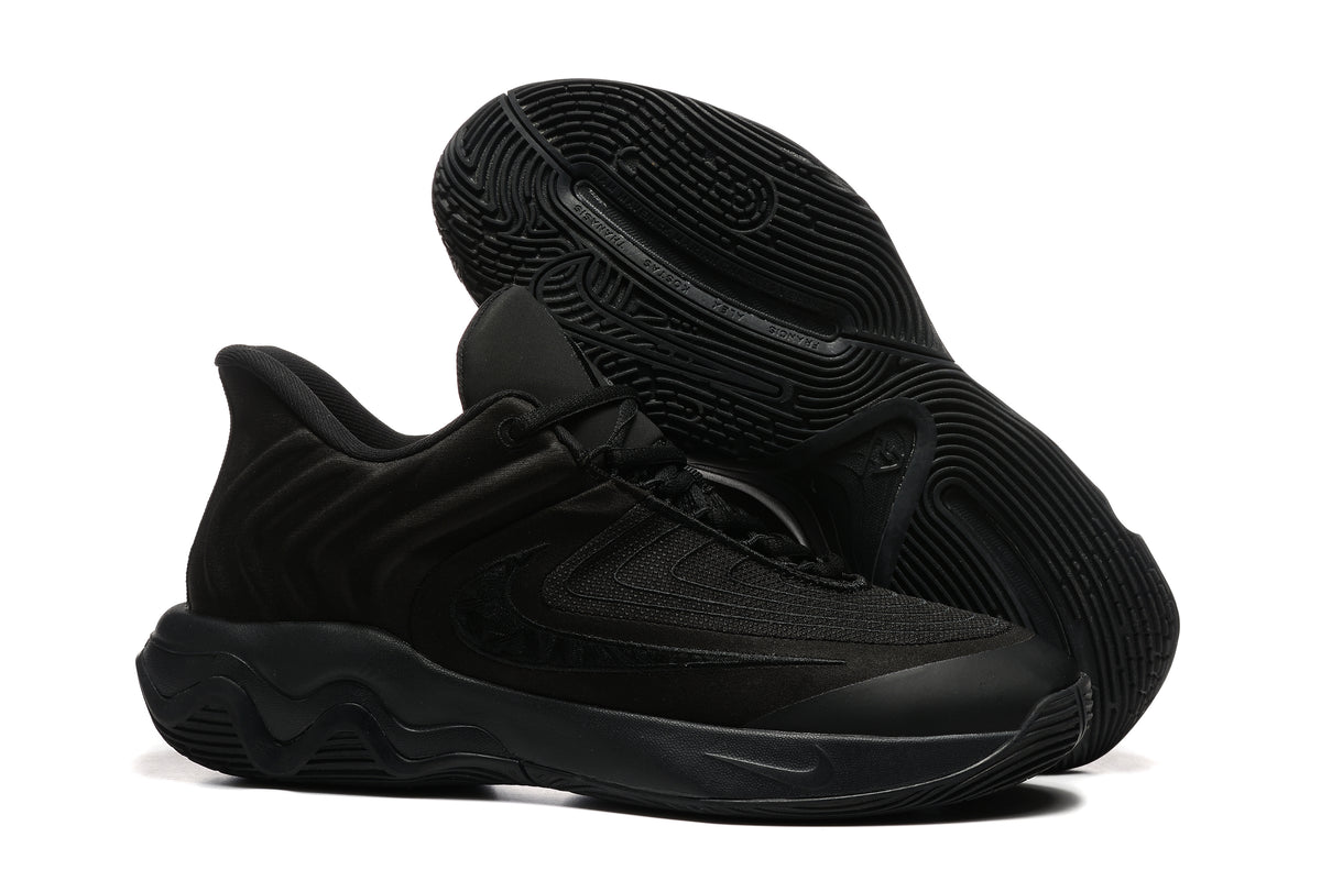 All-black basketball shoe shown with patterned outsole.
