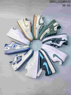 A circular arrangement of assorted Nike Air Force 1-style sneakers in white, green, blue, gray and black colorways, with range text 36–45.