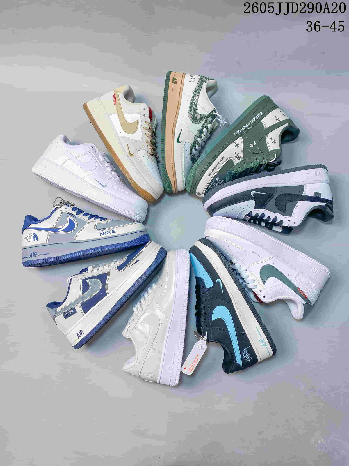 A circular arrangement of assorted Nike Air Force 1-style sneakers in white, green, blue, gray and black colorways, with range text 36–45.