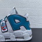 Close-up of the blue heel panel, cartoon bear graphic and speckled white sole