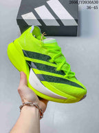 Neon yellow adidas Adizero Prime X3 shoe with dark side stripes.