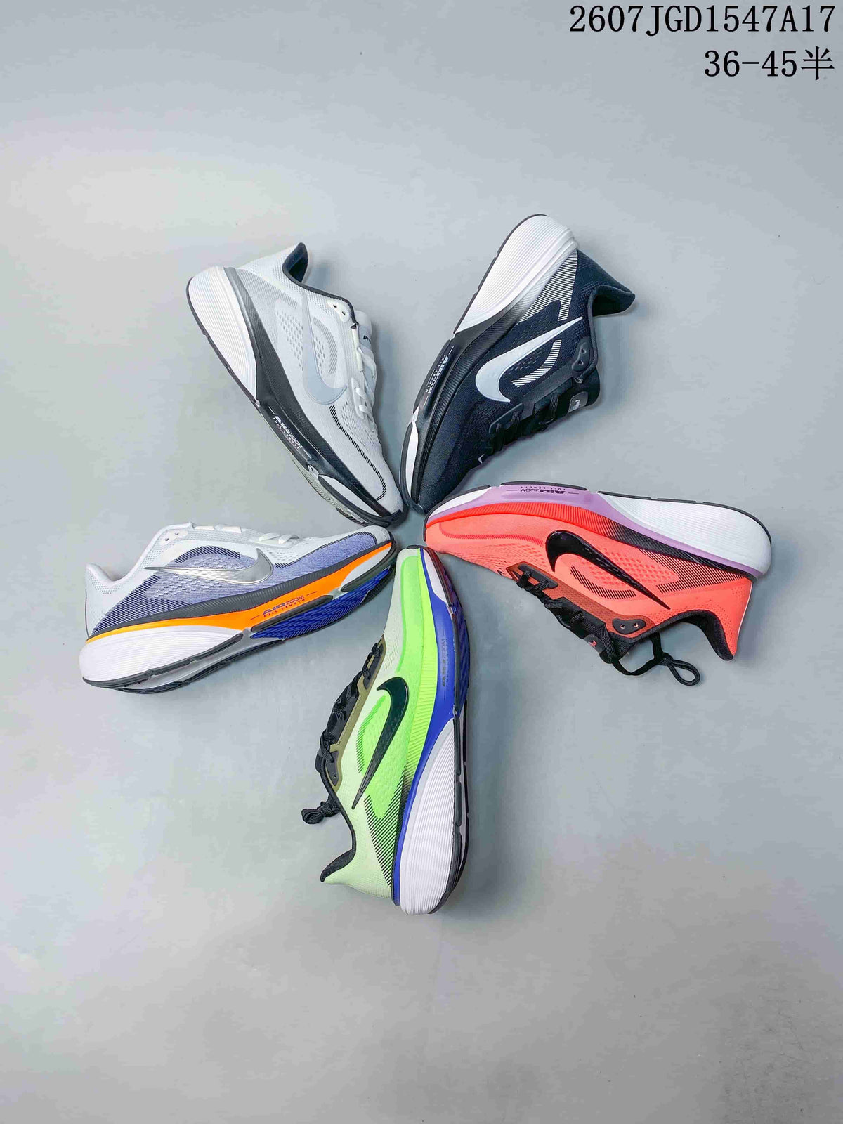 Five Nike Air Zoom Pegasus 42 running shoes arranged together in neon green, coral, lavender, white, and black colorways.