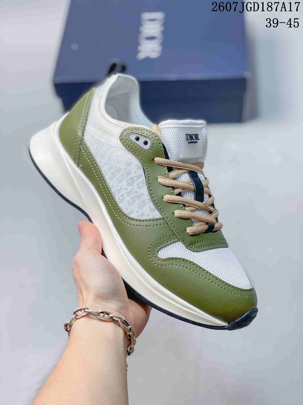 Olive green Dior B25 Runner sneaker with white mesh panels and contrasting laces.