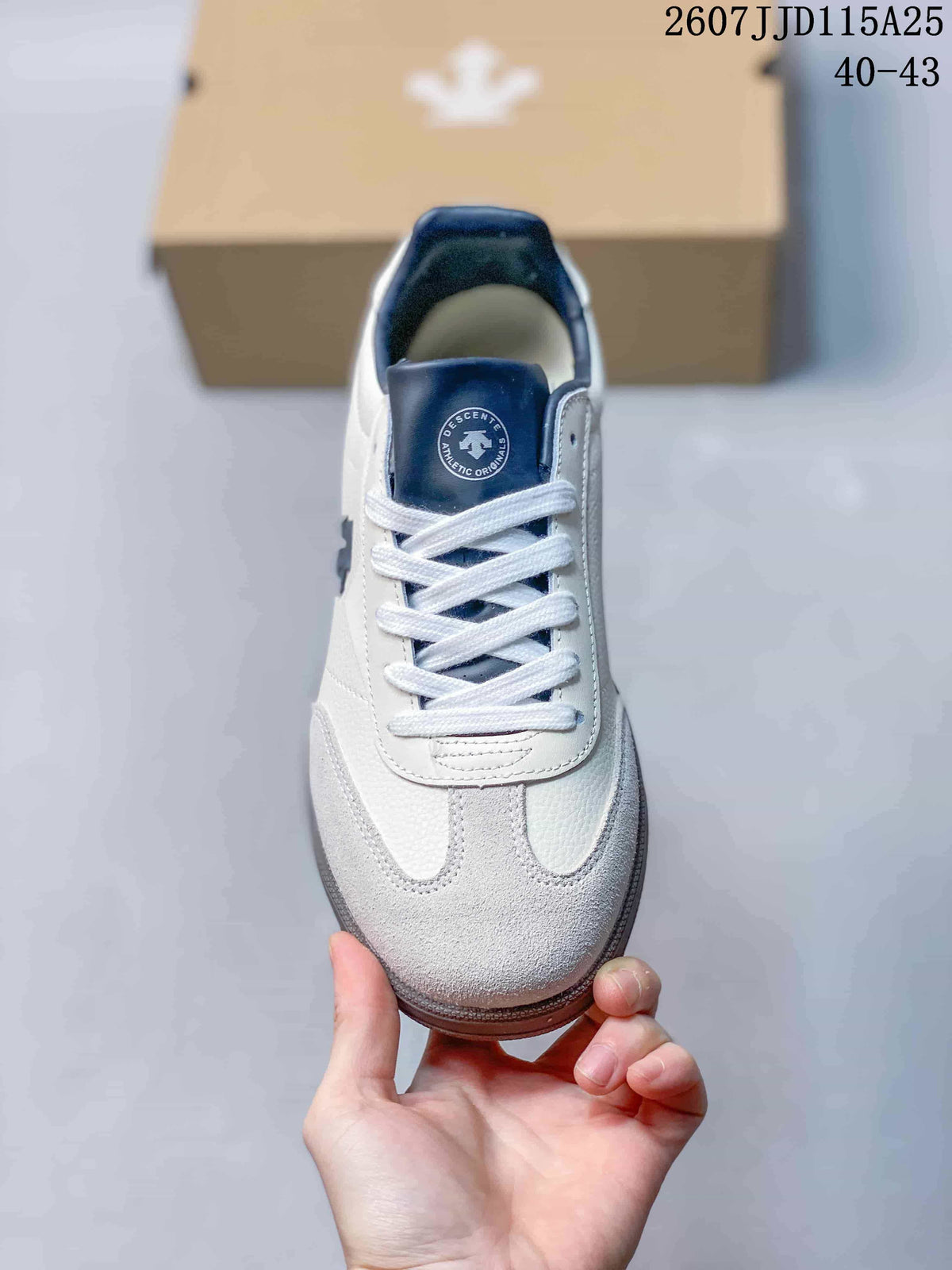 Top view showing the lace-up front, navy tongue and contrasting toe panels