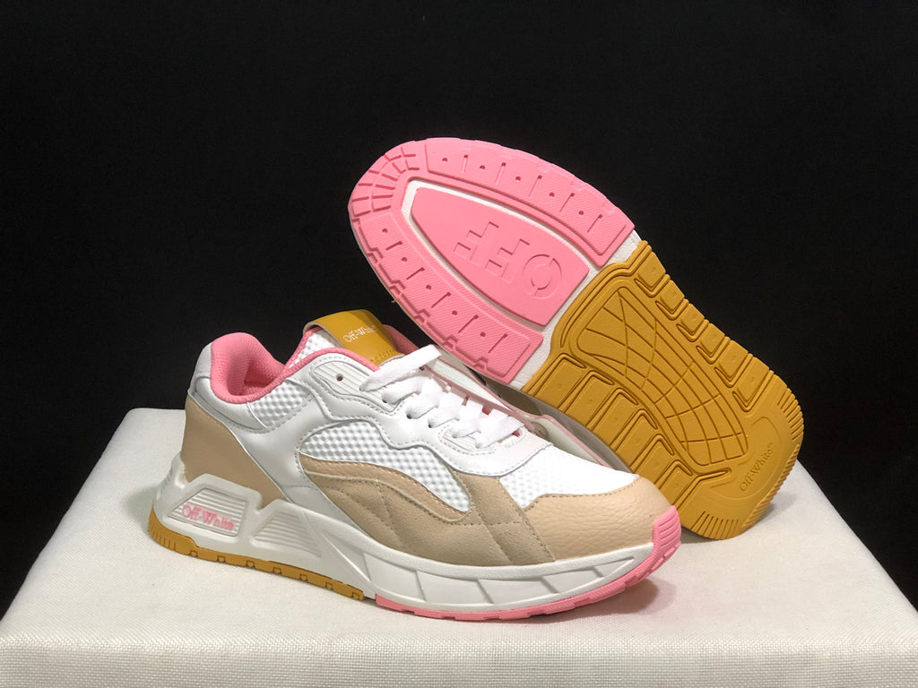 Three-quarter view of one sneaker beside its outsole, showing the pink and gum-colored tread pattern.