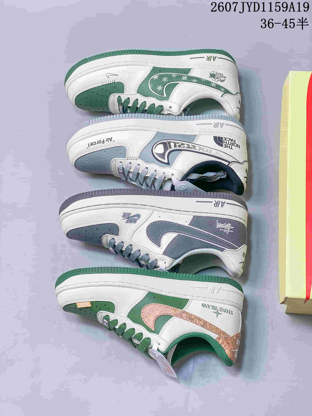 Four low-top sneakers arranged together, showing green, gray, navy-gray, and copper-accented color combinations.