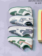 Four low-top sneakers arranged together, showing green, gray, navy-gray, and copper-accented color combinations.