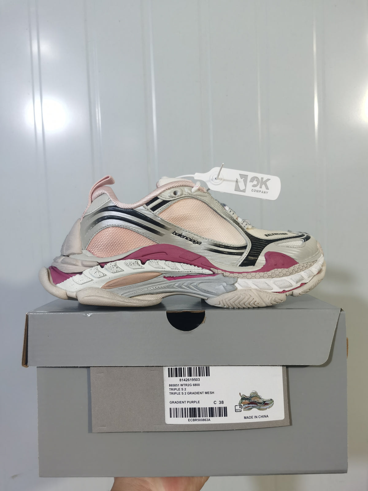Balenciaga Triple S 2 6800 sneaker displayed on its box; the box label identifies the gradient mesh model and shows size C 38.