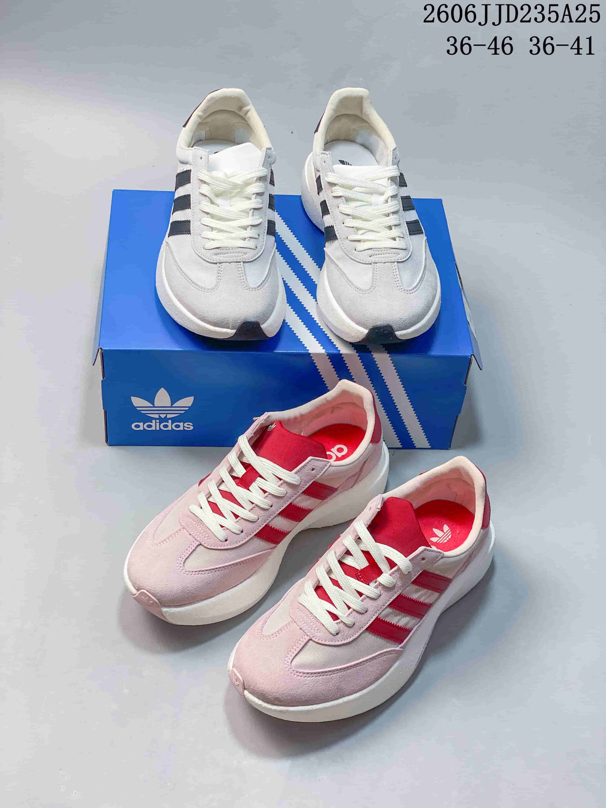 Light-colored and pale pink Adidas Adizero SL 72 Pro sneaker pairs shown together