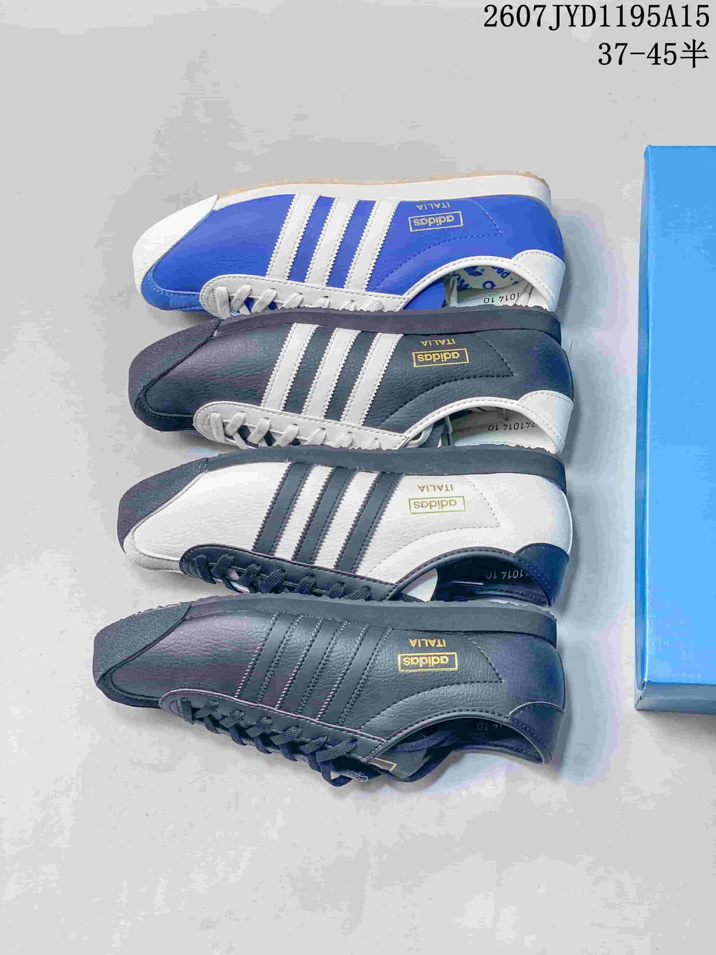 Top-down view of four photographed Italia SPZL colorways arranged beside a blue shoebox.