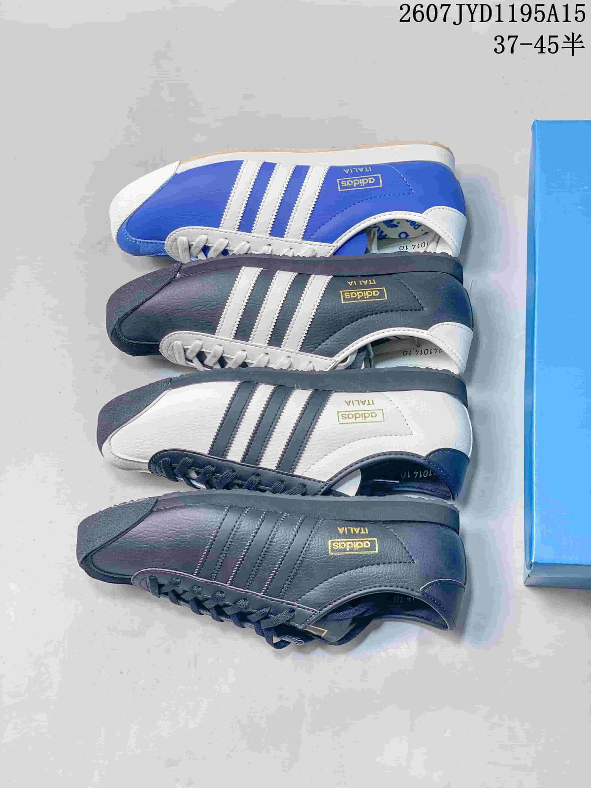 Top-down view of four photographed Italia SPZL colorways arranged beside a blue shoebox.