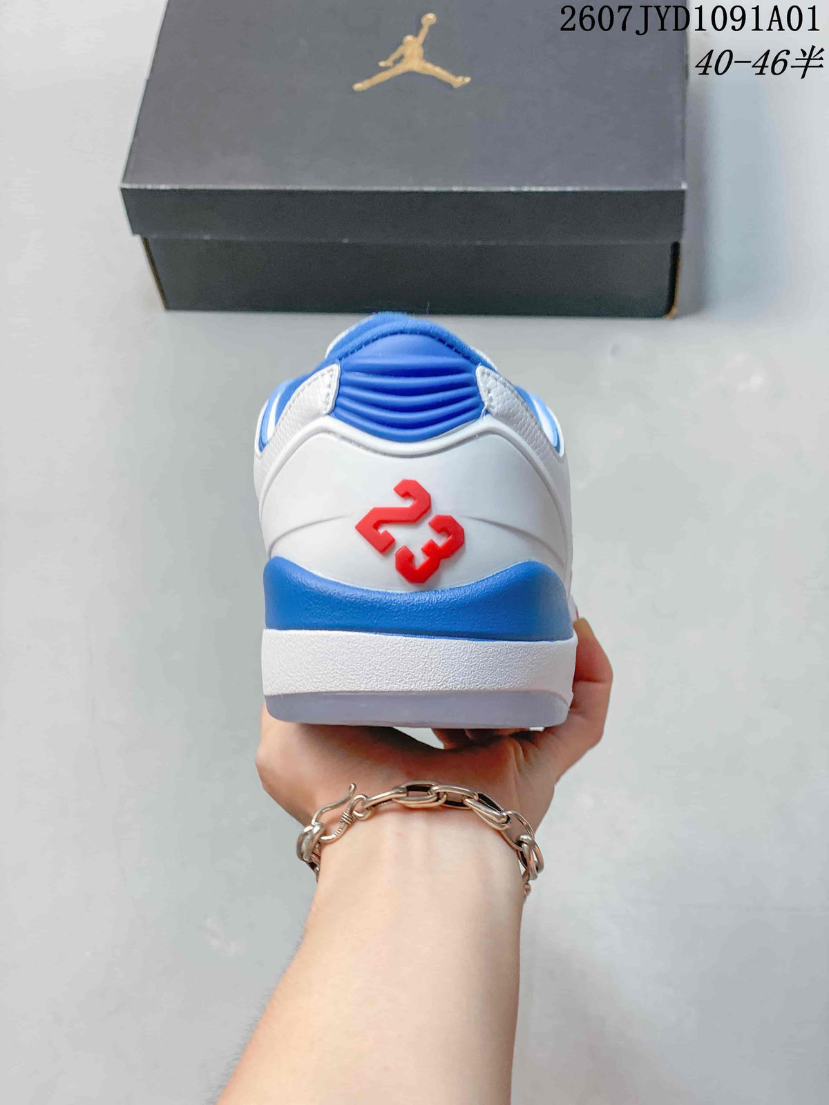 Rear view of the sneaker with blue heel accents and a red number detail