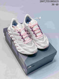 Pair of white and pink Adidas Alphabounce Switch sneakers displayed on a shoebox; style code and size range are visible at the top.