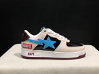 Outer side profile showing the blue star emblem, black panel, cream upper, burgundy heel accent, and MARVEL and BAPE markings.