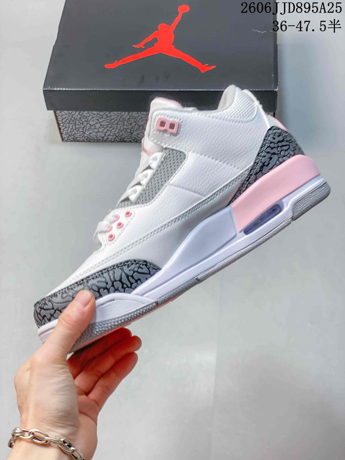 Side profile showing the white upper, gray perforated panel, elephant-print overlays, pink midsole accents, and visible Air window.