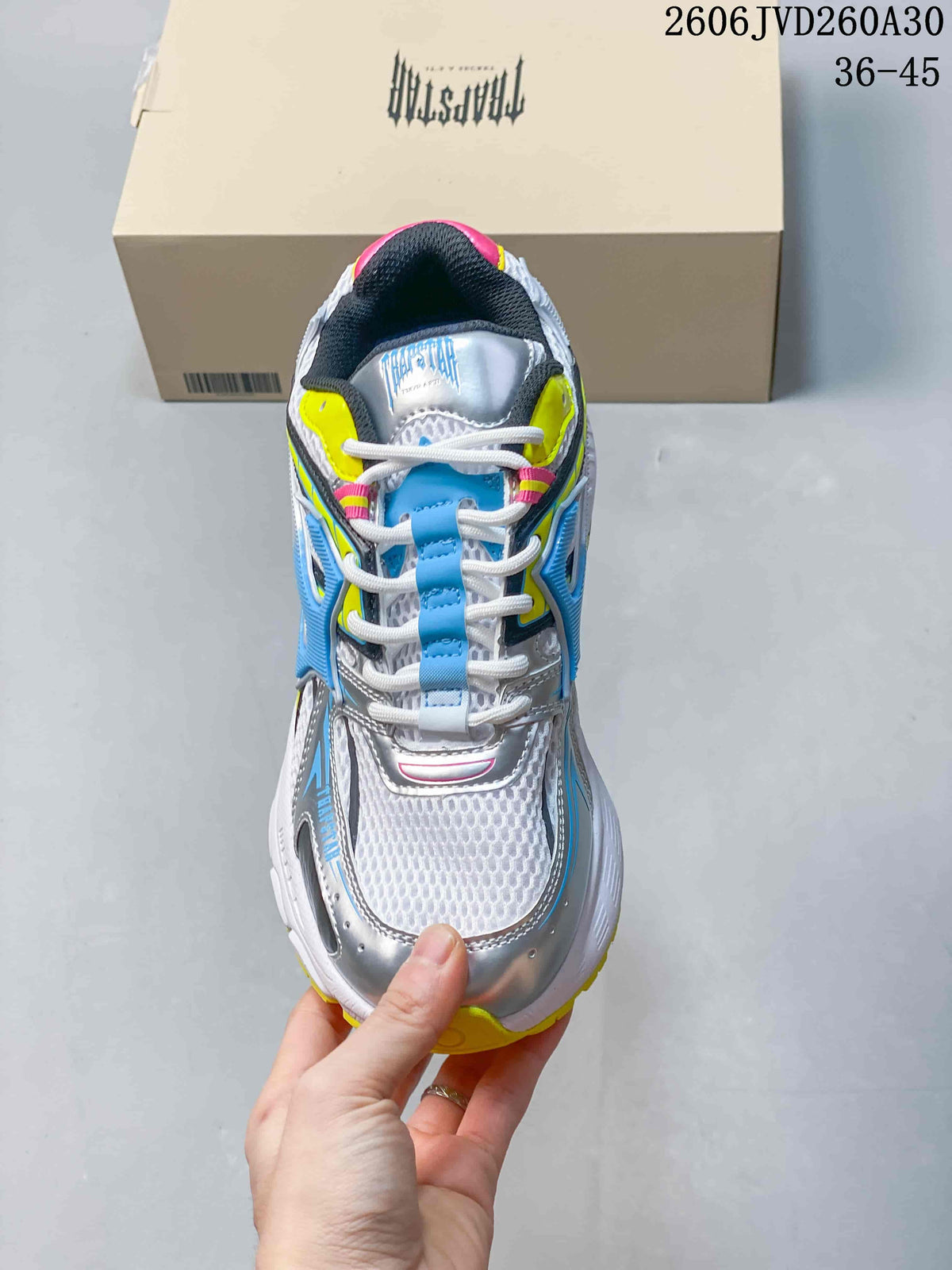 Top view showing the mesh-patterned toe and lace-up front