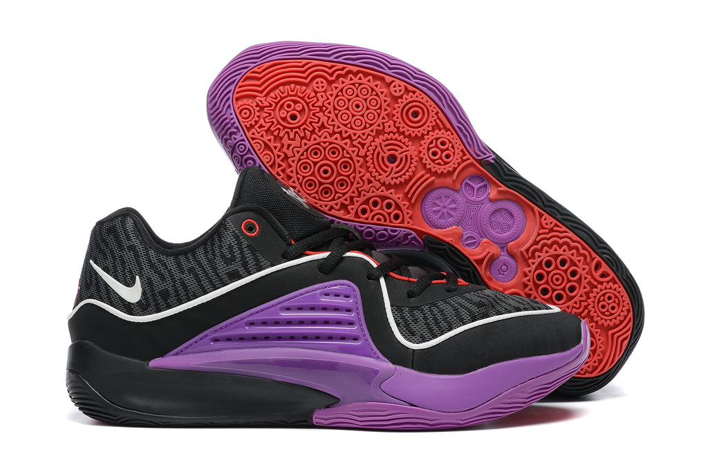 Black Nike KD 16 shoes with purple accents and a red patterned outsole.