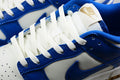 Close-up of the white and blue sneaker showing white laces, perforated panels, blue overlays, and Nike branding on the tongue.
