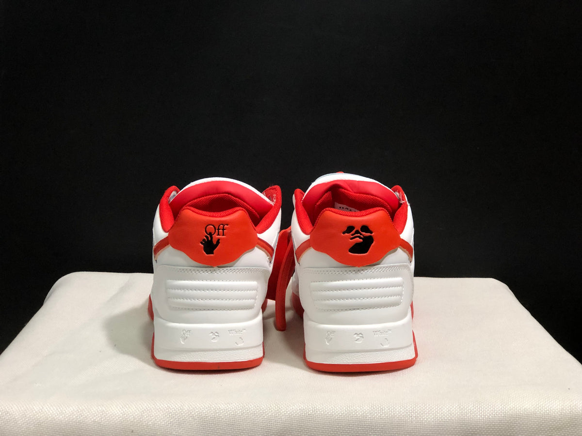 Rear view showing red padded collars, heel detailing, and white midsole construction.