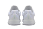 Rear view of white basketball shoes with textured heel panels and teal details.