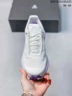 Top view of the white shoe showing the textured toe, lace-up closure, tongue, and padded collar; overlay shows style code 2607GDD185A25 and size range 36–46.