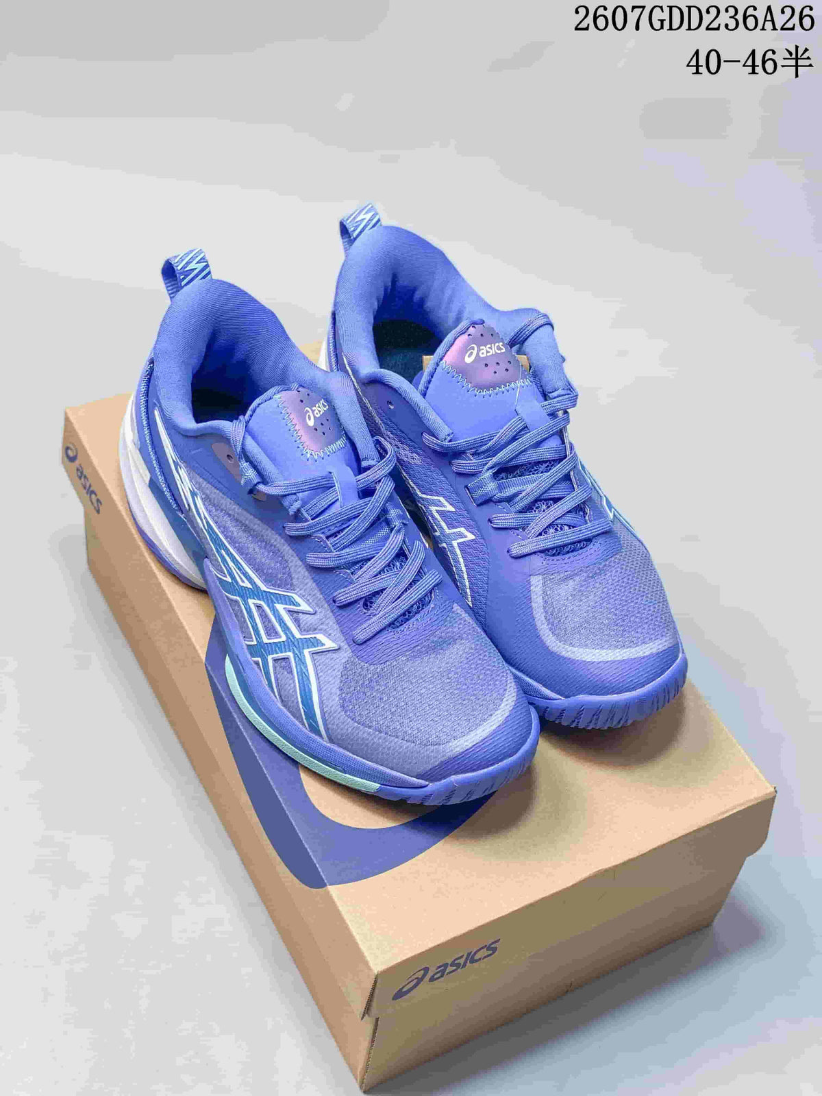 Blue ASICS Swiftace basketball shoes displayed on an ASICS shoebox, showing the lace-up construction and contrasting side details.