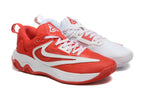 Mismatched red and white basketball shoes with patterned laces