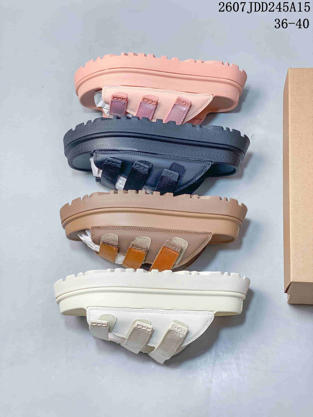 Bottom and side views of the pictured pink, black, tan, and white color options showing the lugged outsoles.