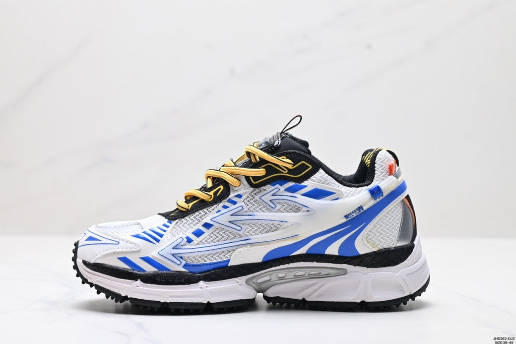 Profile view of one sneaker showing the white upper, blue overlays, black trim, and gray midsole detail.