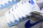 Close-up of the tongue, white laces, light blue eyelet panel, and blue side branding.