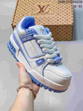 Blue and white Louis Vuitton Trainer Maxi low-top sneaker with thick laces and a chunky outsole.