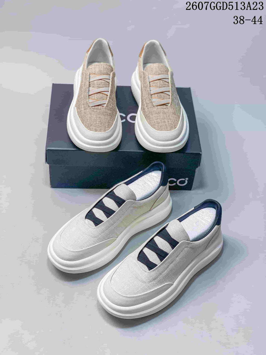 Beige and white ECCO slip-on sneakers shown from multiple angles, with style code 2607GGD513A23 and size range 38-44 visible.