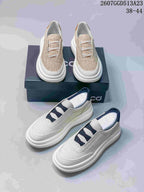 Beige and white ECCO slip-on sneakers shown from multiple angles, with style code 2607GGD513A23 and size range 38-44 visible.