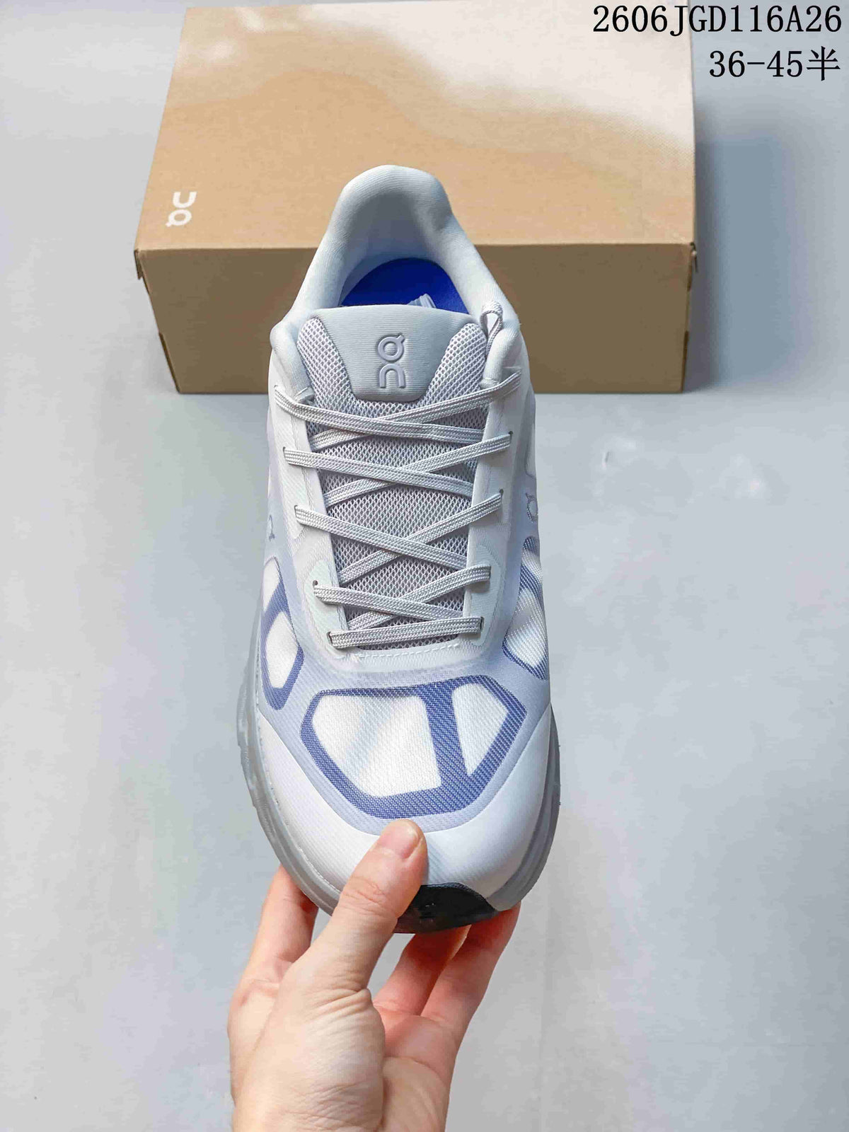 Top view of a lace-up sneaker with a white and lavender upper; image text states sizes 36–45½