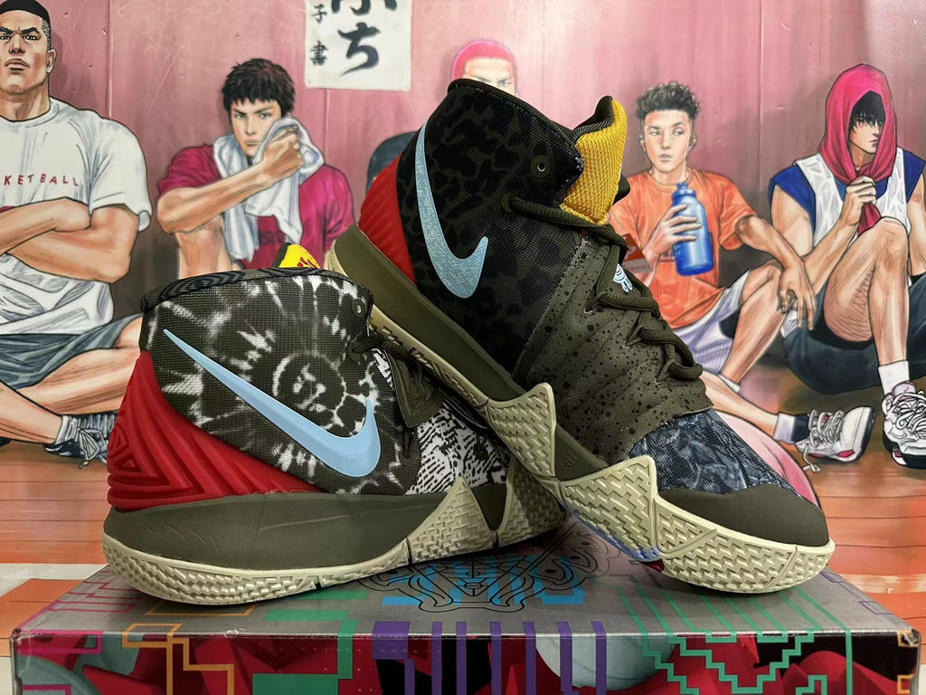 Side view of dark high-top basketball shoes with light blue side logos, red heel accents, yellow tongues, and geometric outsole details.