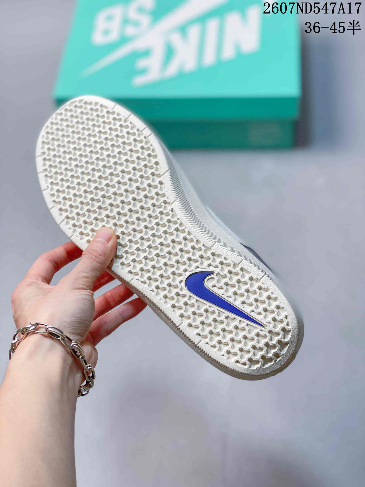 Underside of a Nike SB Force 58 sneaker showing the textured white outsole and blue Swoosh detail; image text shows size range 36–45.5.