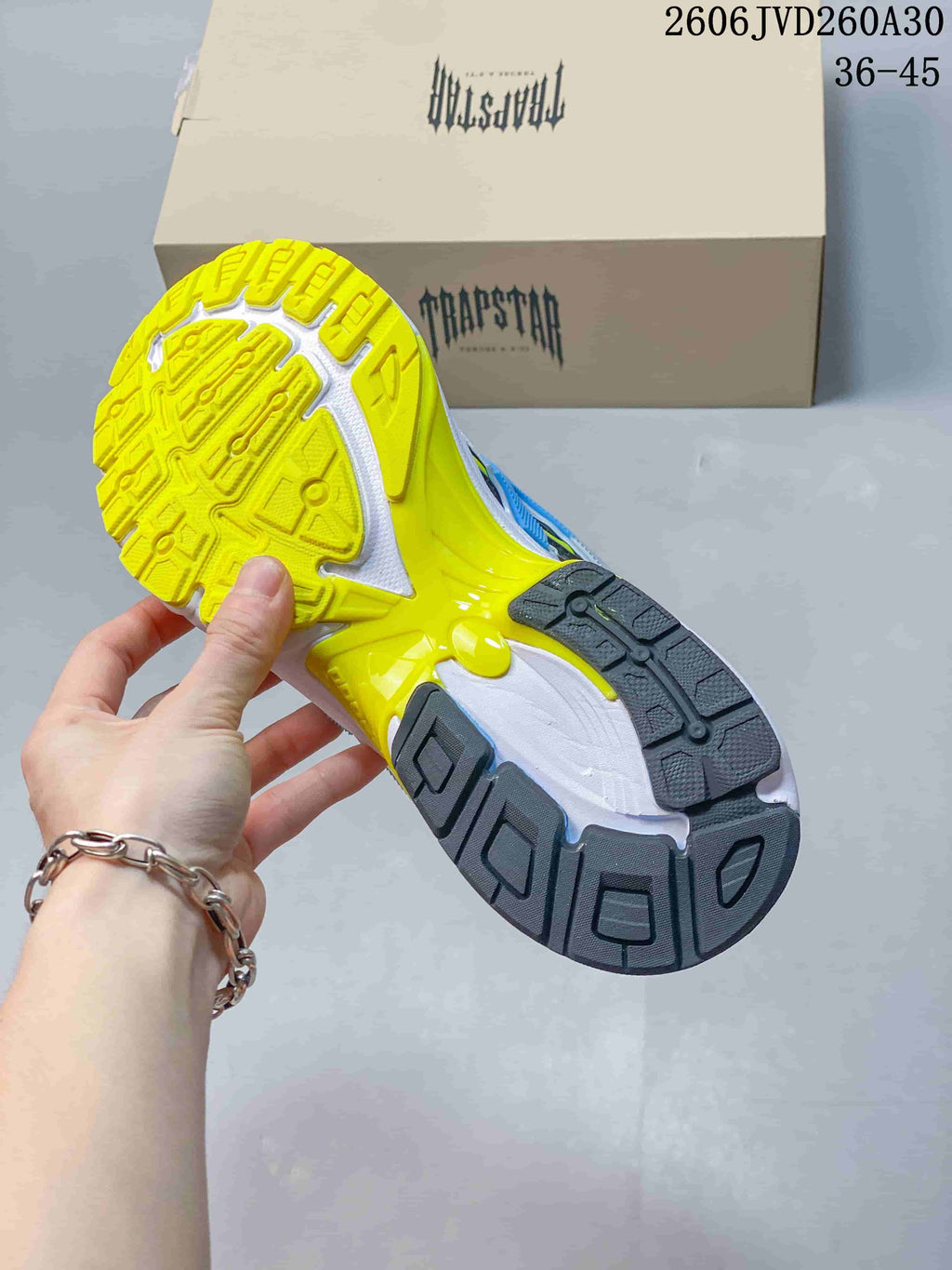 Close view of the sneaker outsole with yellow and dark tread sections