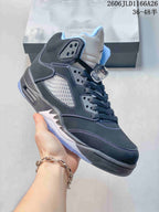 Angled side view of a dark high-top sneaker with mesh panels, light blue details, and a translucent outsole.